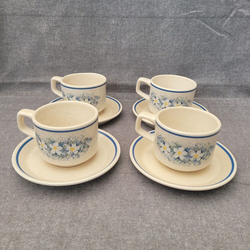 Vintage Temper-Ware by Lenox DEWDROPS 4 Coffee Cup & 4 Saucer Sets Made In USA